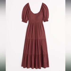 Abercrombie Short Sleeved Smocked Midi Dress in Burgandy